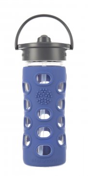 Glas-Trinkflasche, 320ml  in cobalt inkl. Silikonberzug mit Straw Cap
