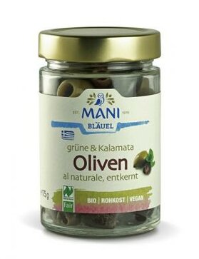 Grüne & Kalamata Oliven al naturale, Bio- und Rohkostqualität, 175g von Mani Bläuel