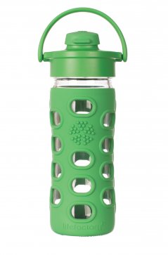 Glas-Trinkflasche, 350ml  in gras grün inkl. Silikonüberzug mit Flip Top Cap